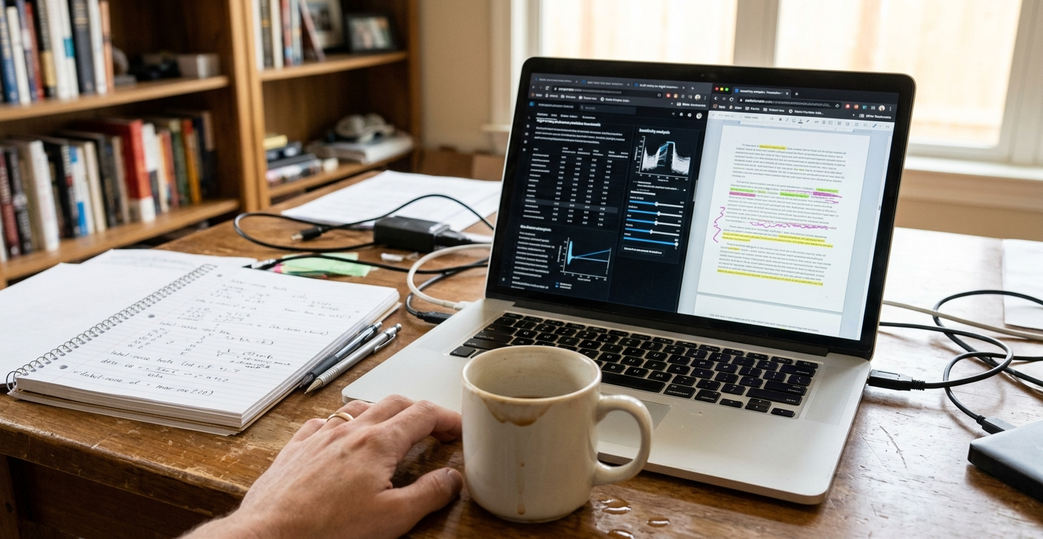 Candid shot of Content creation workspace, clean aesthetic, showing a laptop with draft notes