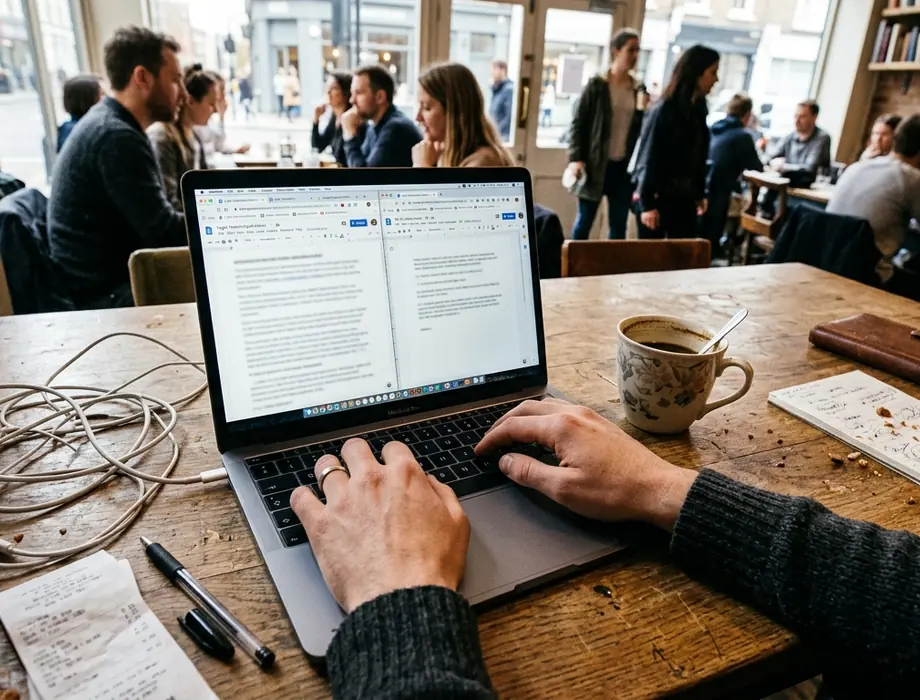 Observational Coffee shop working environment with a laptop open to draft notes on legal reasoning