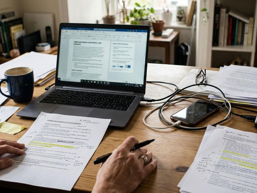 Editorial desk with notes and drafts spread beside a laptop in an authentic blog setting